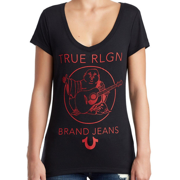 True Religion Women's Crystal Embellished Buddha Logo Round V-Neck Tee T-Shirt - Picture 1 of 6